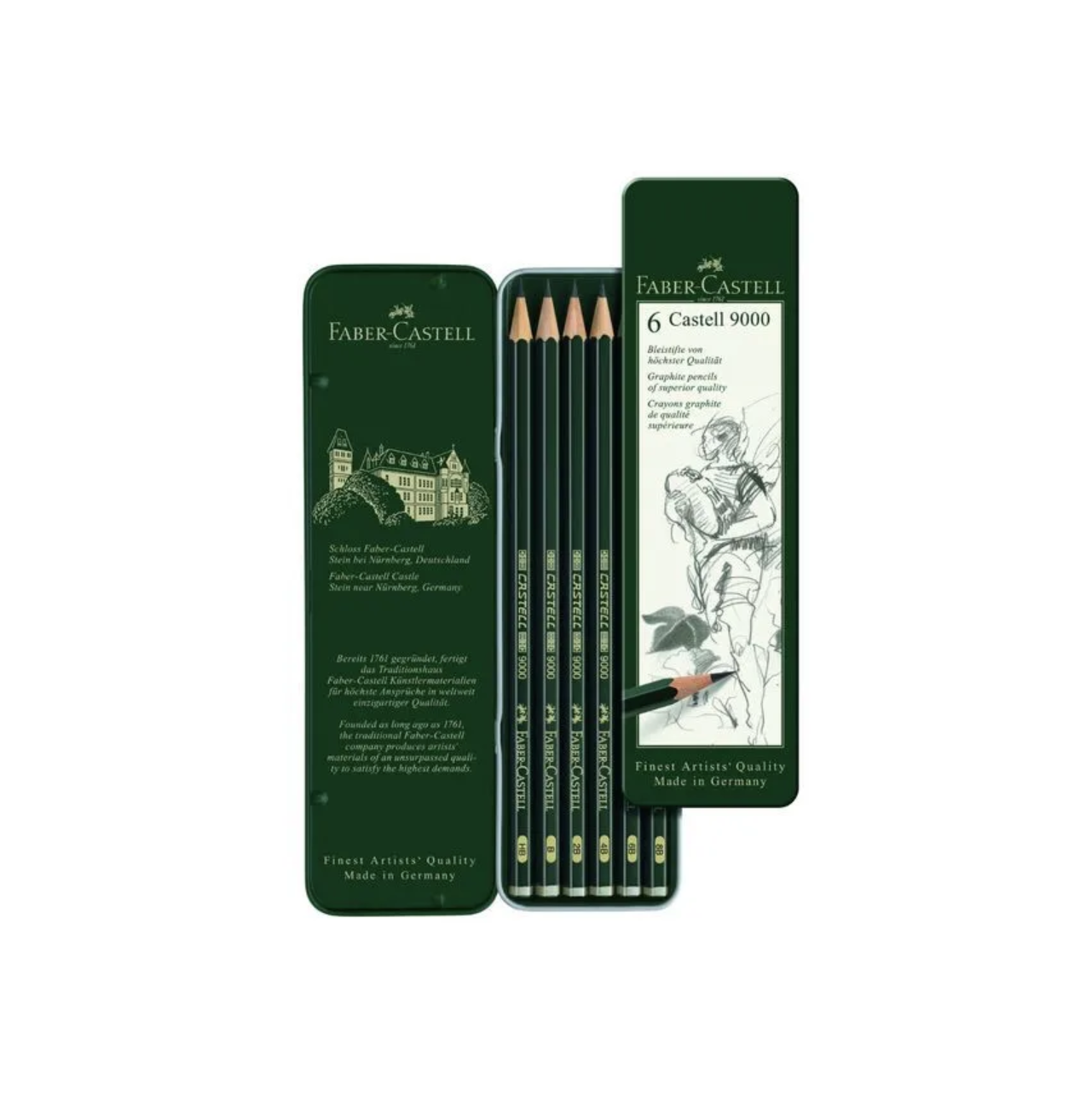 Набор карандашей чернографитных разной твердости Faber-Castell CASTELL 9000, 6 штук, 8B, 6B, 4B, 2B, B, HB, металлический пенал